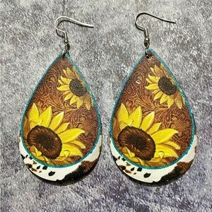 Faux Leather Western Sunflower Dangle Earrings